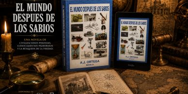 Book 'El Mundo Despues De Los Sabios' with vintage objects.