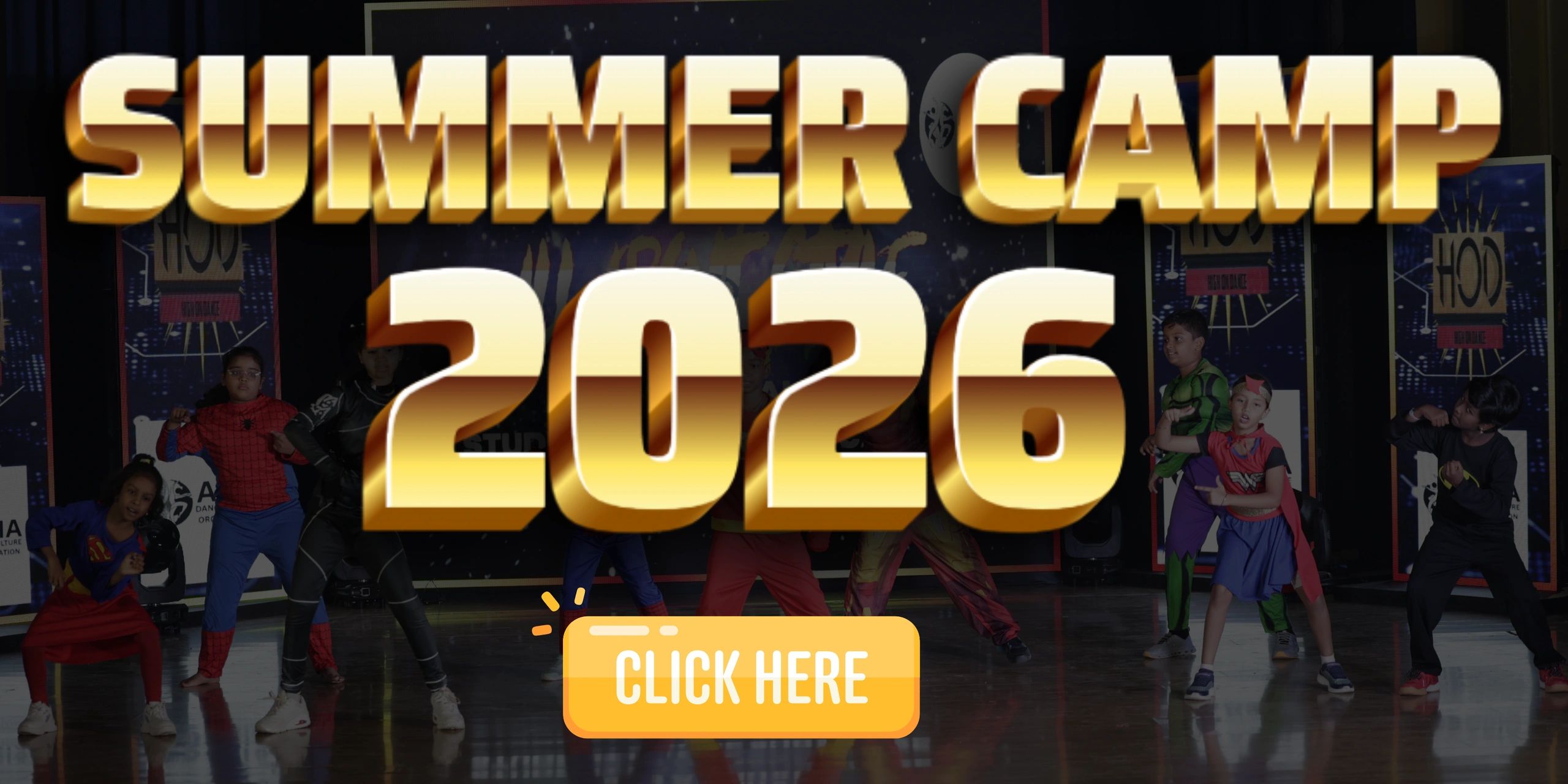 Kids dressed as superheroes at Summer Camp 2026 event.