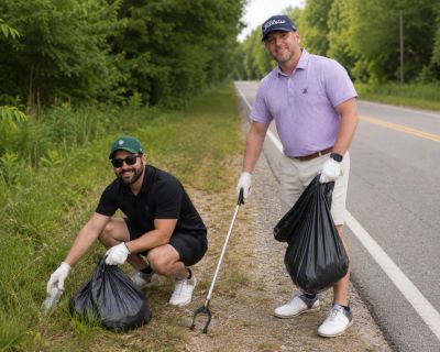 Two men cleaning up roadside litter.