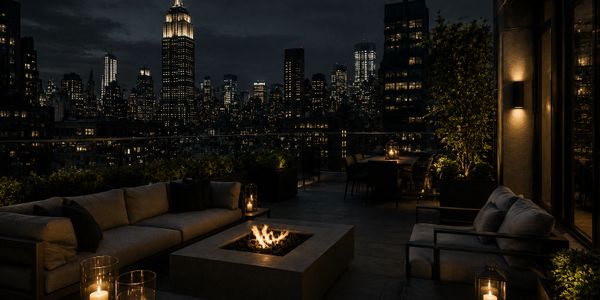 Cozy rooftop lounge with fire pit and city skyline at night.