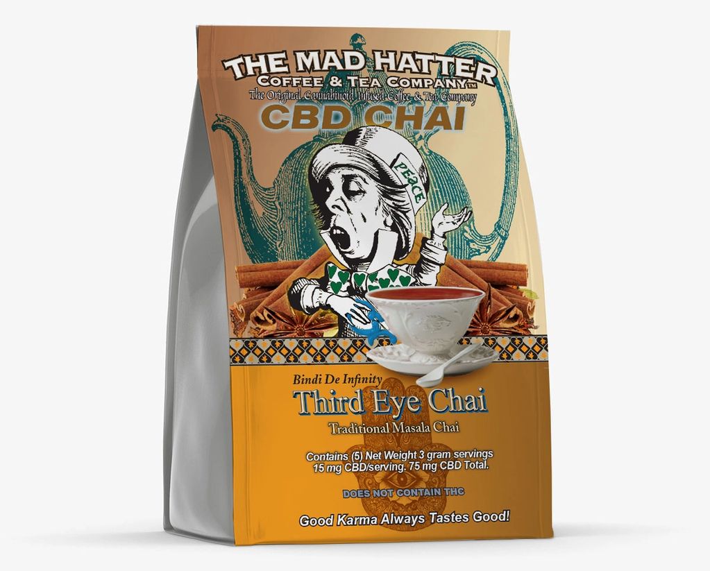 Mad Hatter holding a cup of tea with a coffee pot and cinnamon sticks behind him. 