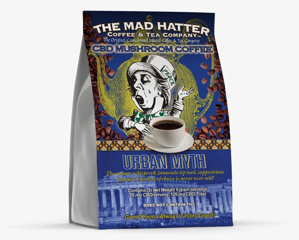 Urban Myth CBD Mushroom Coffee. Mad Hatter drinking a cup of coffee with a coffee pot behind him