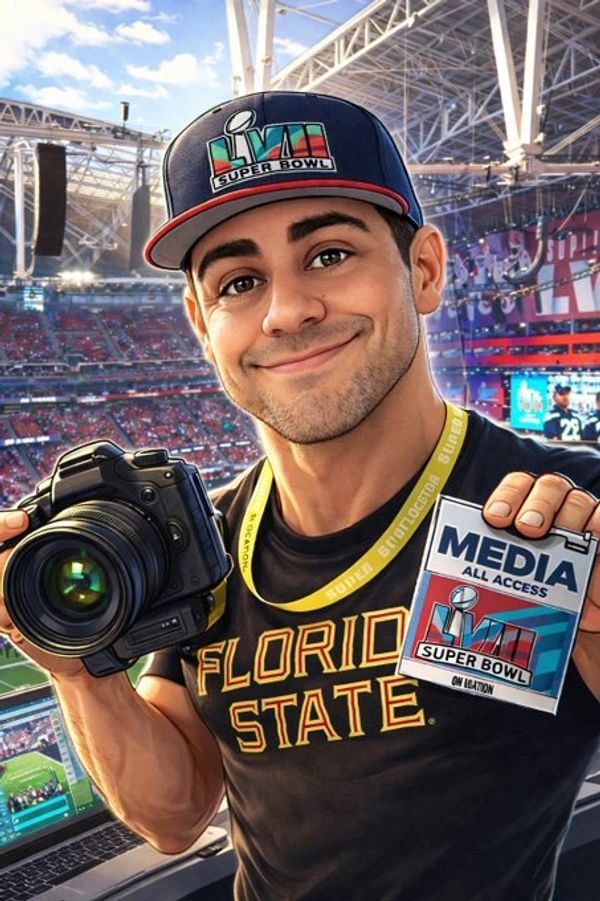 Man with camera and media badge at Super Bowl stadium.