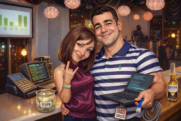 A cheerful couple poses at a bar, one holding a laptop and the other making a rock sign.