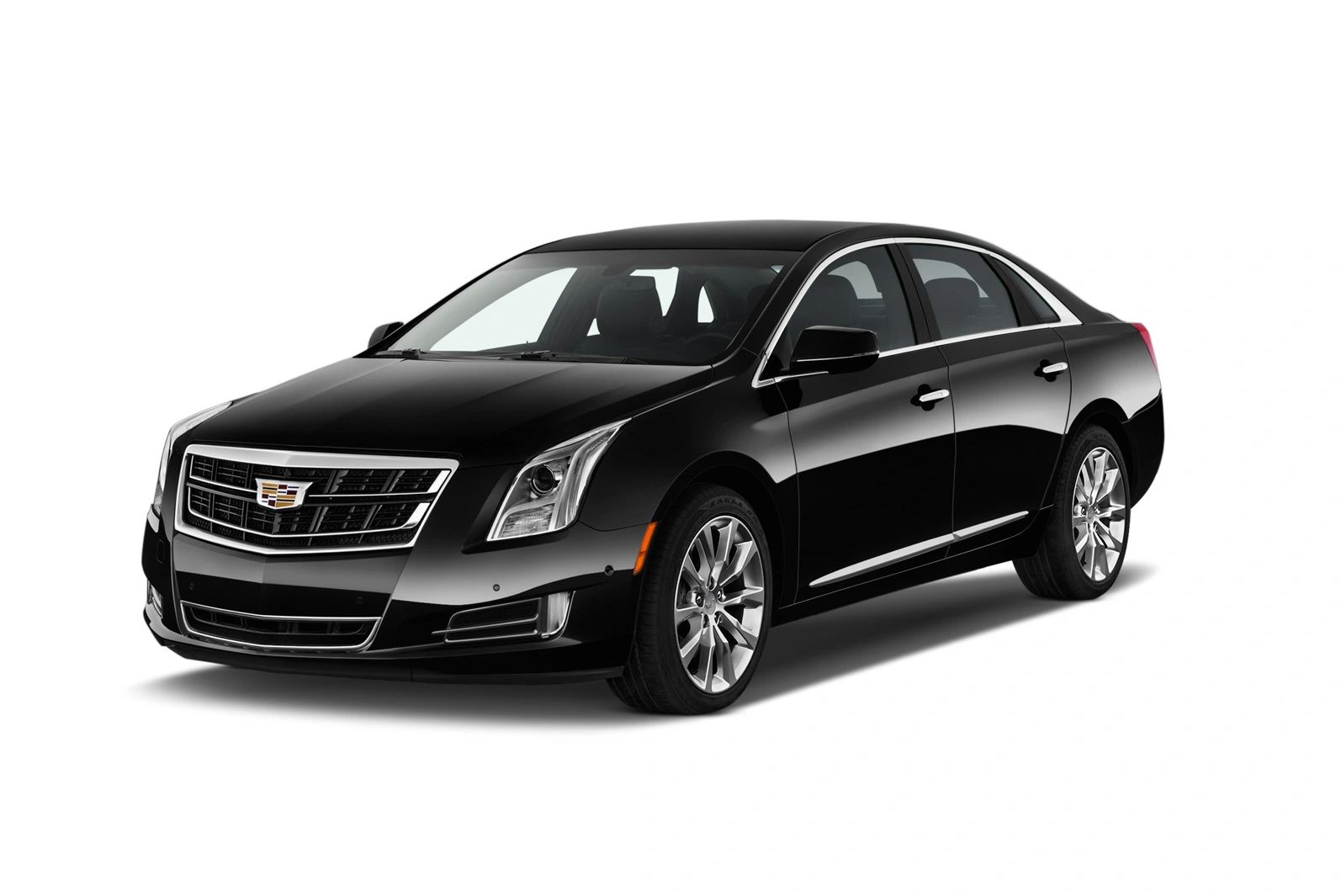 Black Cadillac sedan on white background.