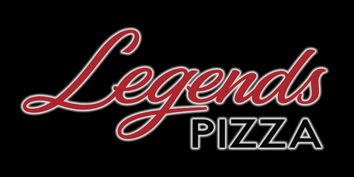 Logo of Legends Pizza with cursive and bold fonts on black background.