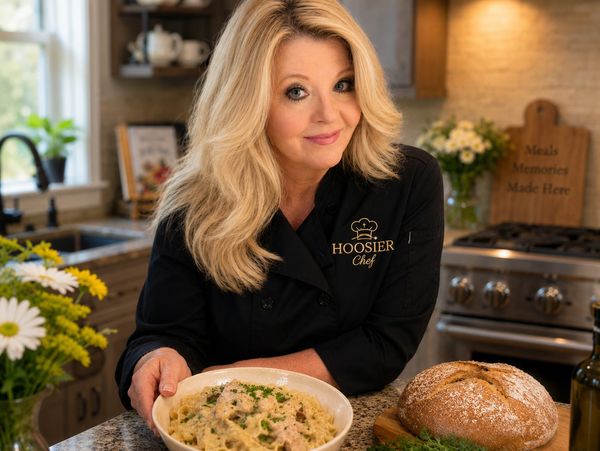 Smiling chef presenting a bowl of creamy pasta in a cozy kitchen.