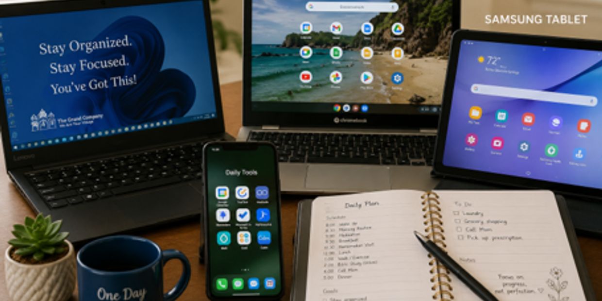 Workspace with laptops, tablet, phone, and planner.