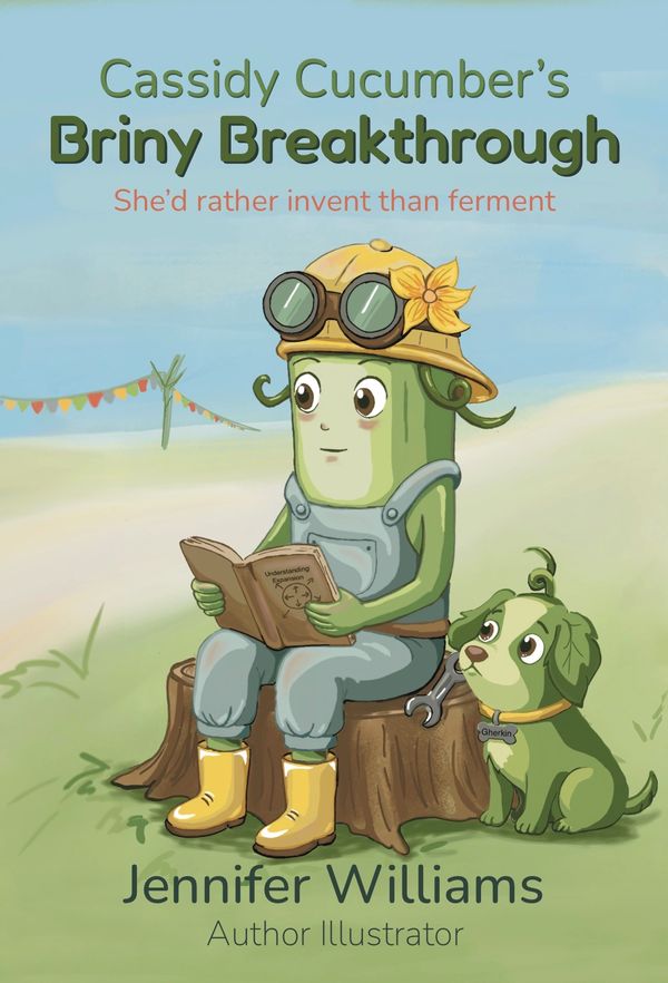 Book cover showing Cassidy Cucumber and dog Gherkin, reading about underwater exploration.