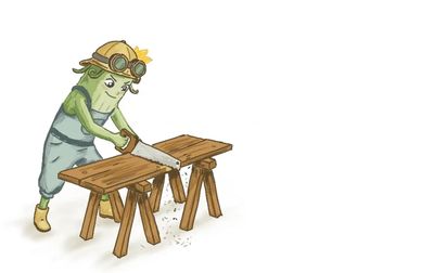 A cartoon pickle wearing a helmet and goggles sawing wood.