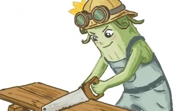 A cucumber character wearing a helmet sawing wood.