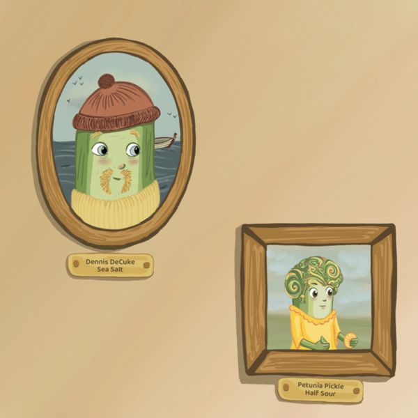 Two humorous pickle portraits with quirky names and outfits on a wall.