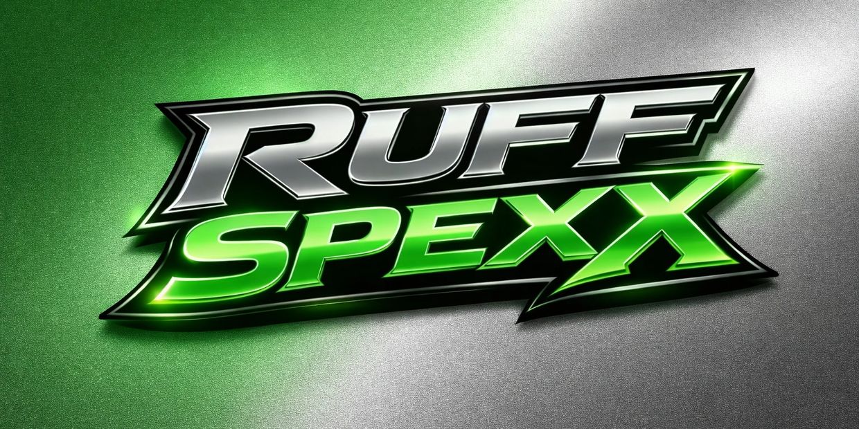 Logo with metallic and green text reading 'RUFF SPEXX' on a gradient background.
