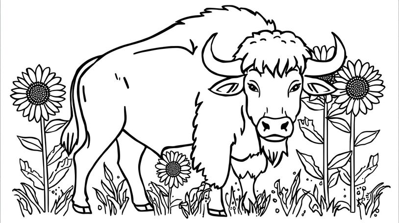 A bison standing among sunflowers and grass in a black-and-white line drawing.