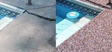 Cracked concrete poolside finish, repaired and covered with Pebblestone Floor