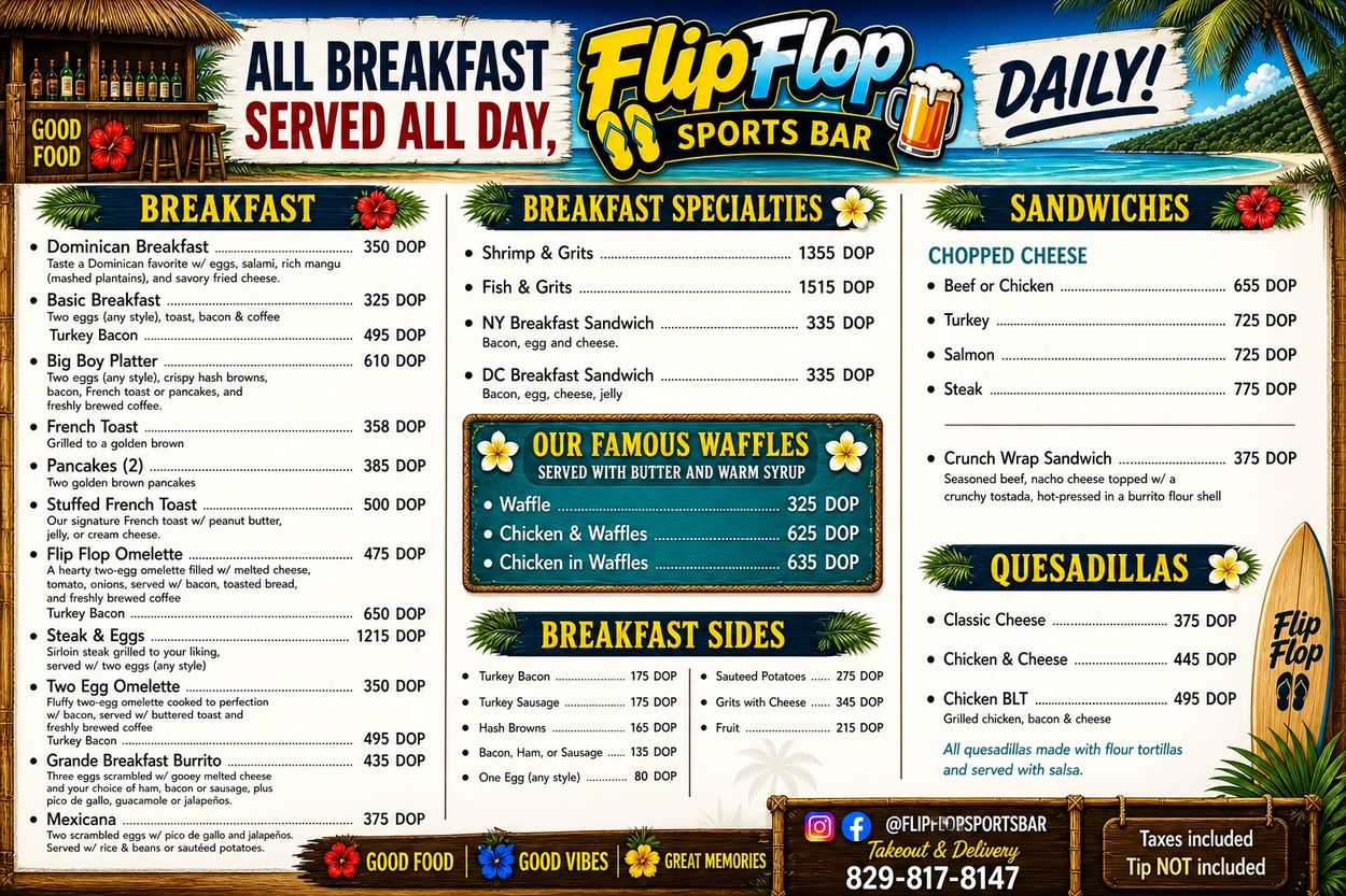 Menu board of Flip Flop Sports Bar showing breakfast, specialties, sides, sandwiches, and quesadillas with prices.