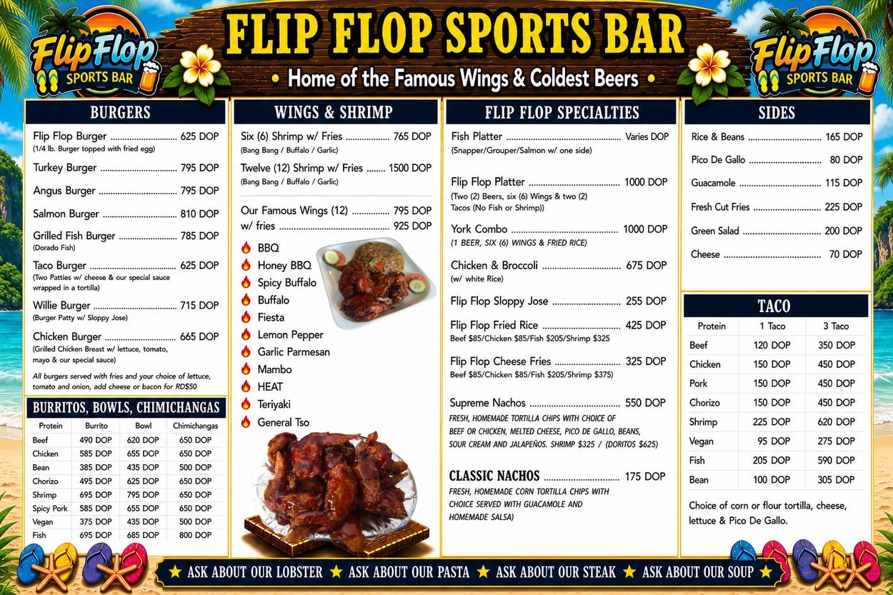 Menu of Flip Flop Sports Bar featuring burgers, wings, sides, tacos, and specialties with prices in DOP.
