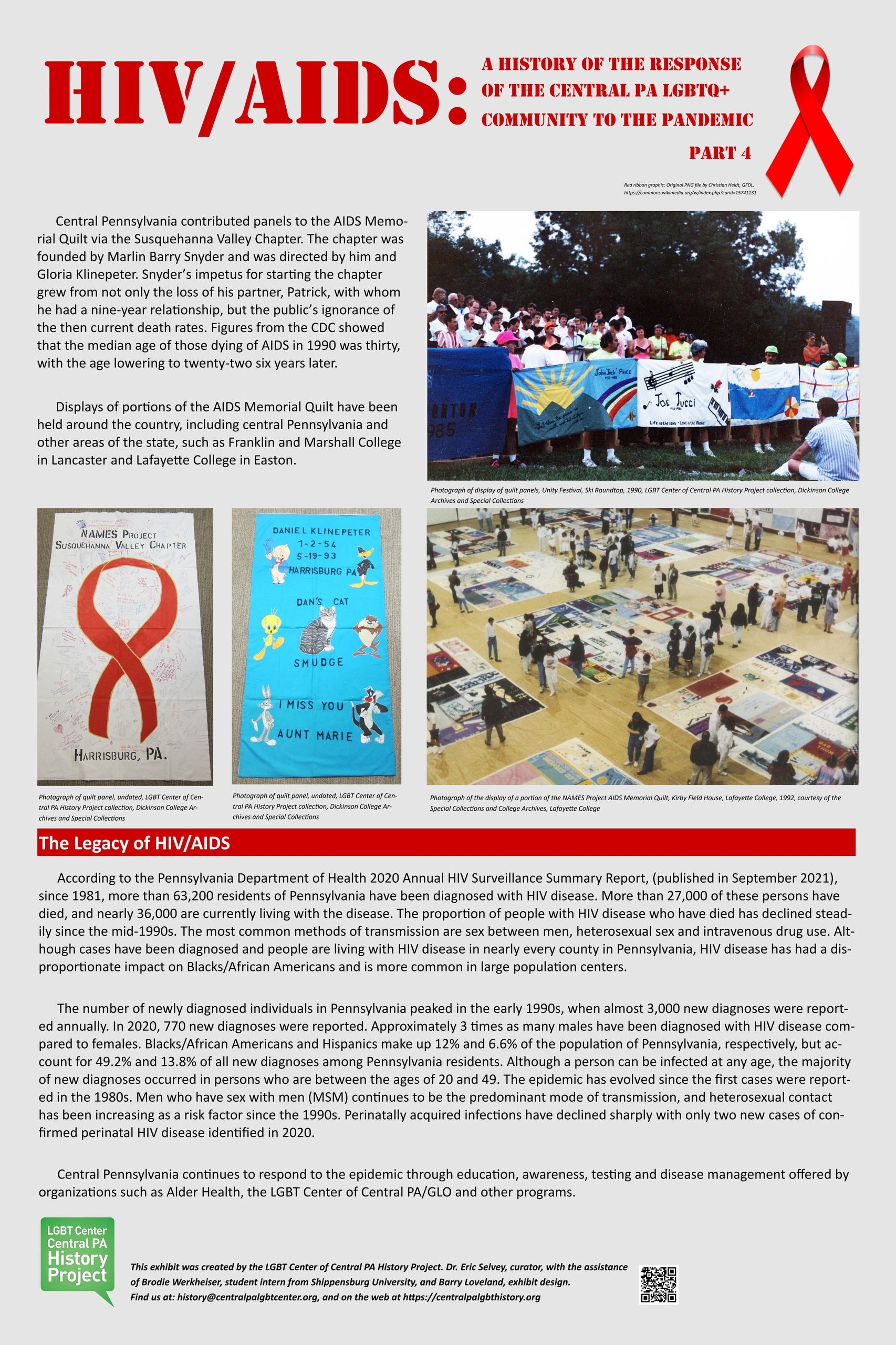 Historical exhibit on HIV/AIDS impact in Central PA LGBTQ+ community, featuring AIDS Memorial Quilt panels and statistics.