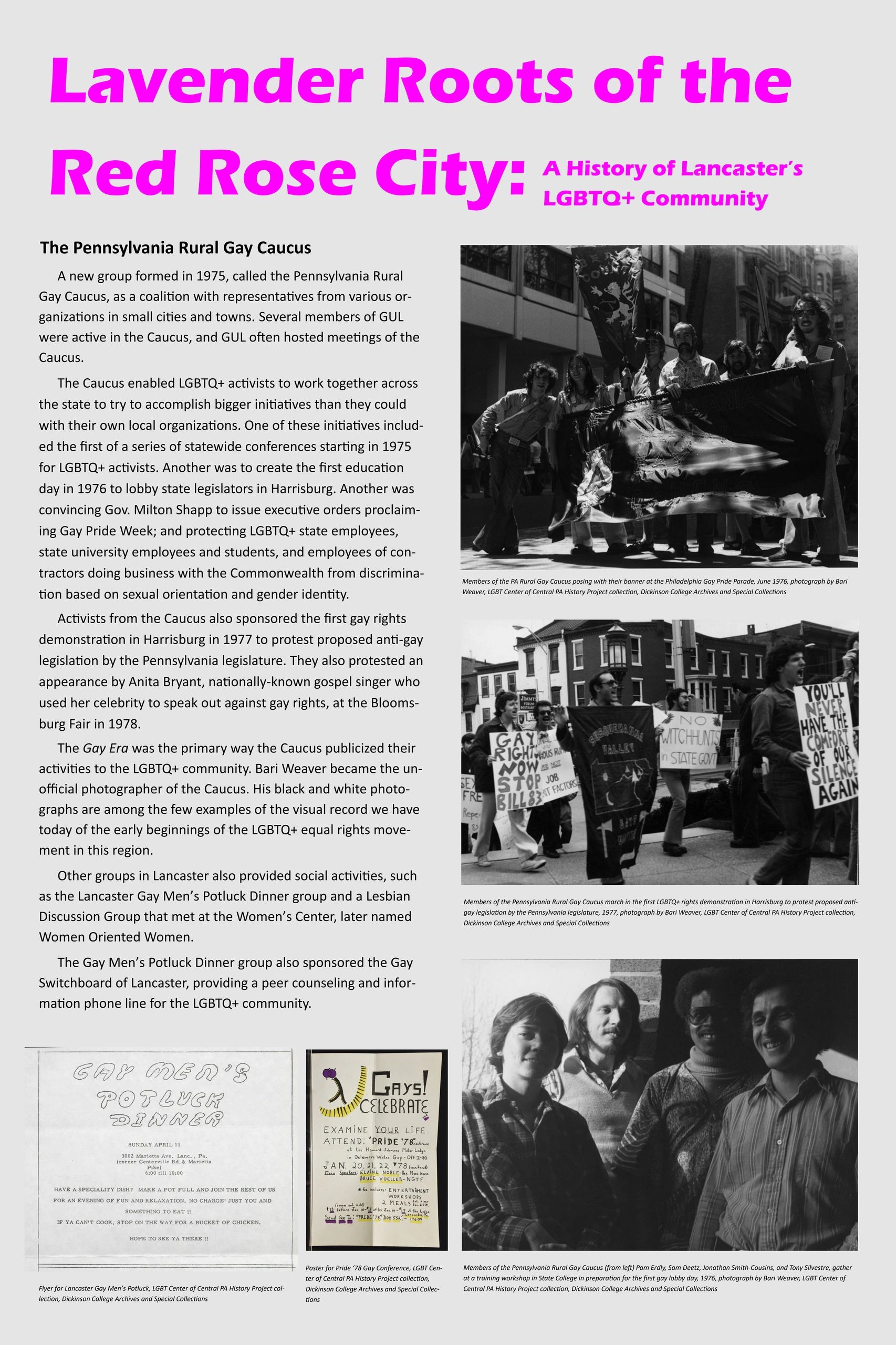 History of Lancaster’s LGBTQ+ community and Pennsylvania Rural Gay Caucus activities.