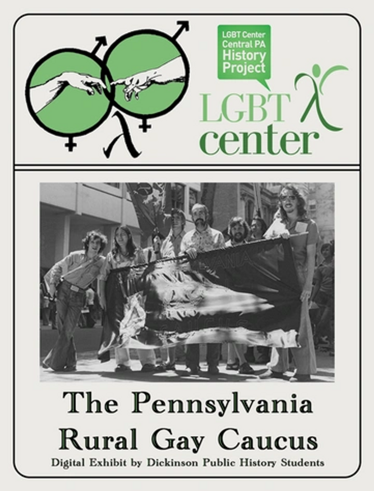 Graphic based off the front page of "The Lancaster Gay Era". Photo is: "PA Rural Gay Caucus at Phila
