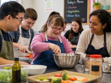 Group cooking class with diverse participants.