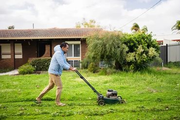 Person mowing green backyard lawn.