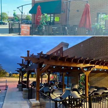 Exterior of restaurant with pergolas.
