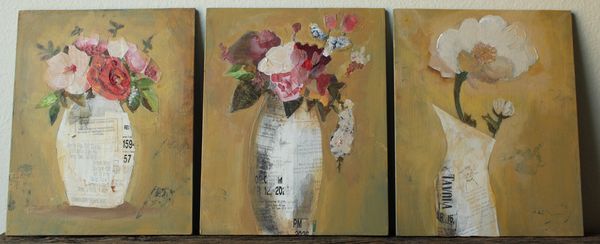 Triptych of vintage floral paintings with mixed media vases on a warm brown background.