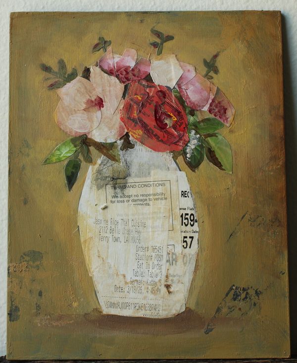 Collage art of flowers in a vase made from paper and receipts.