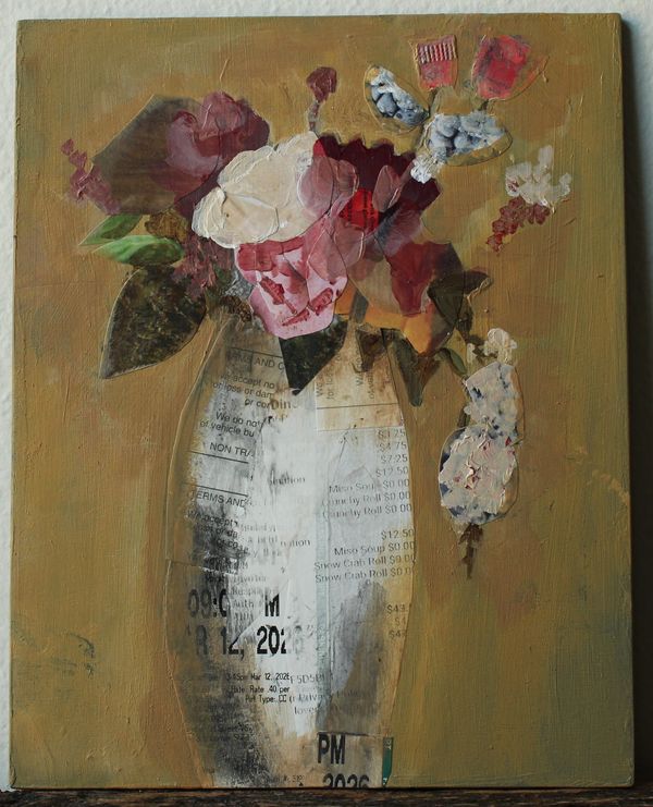 Mixed-media art of flowers in a vase with newspaper texture.