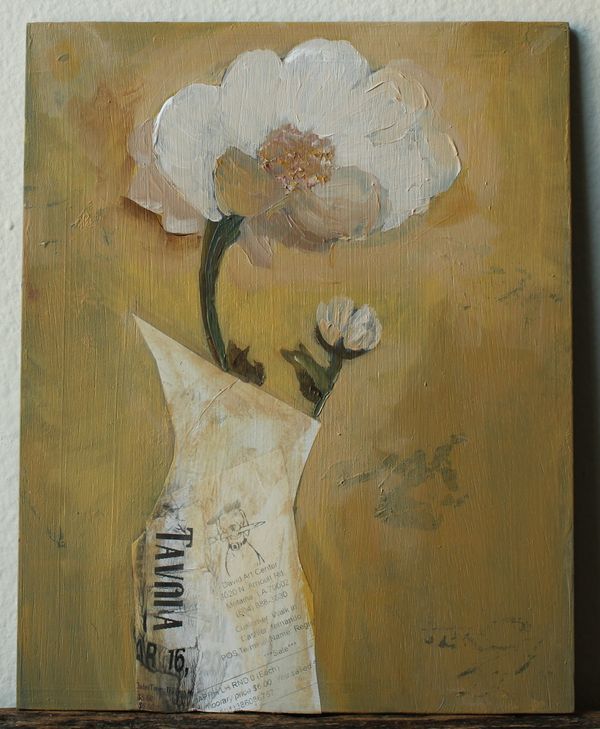 Painting of white flowers in a vase made from folded paper on a muted yellow background.