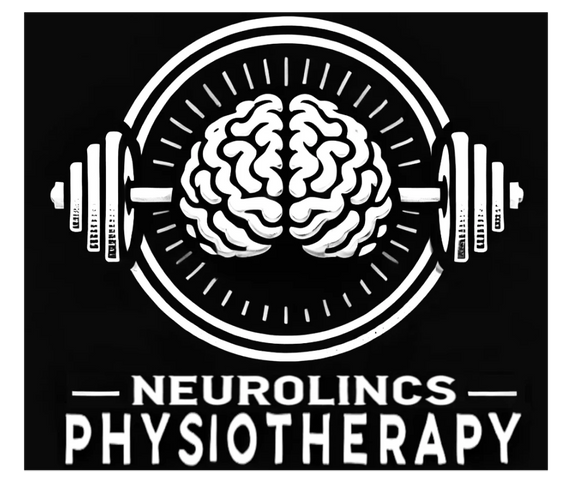 Logo of Neurolincs Physiotherapy featuring a brain lifting a barbell.
