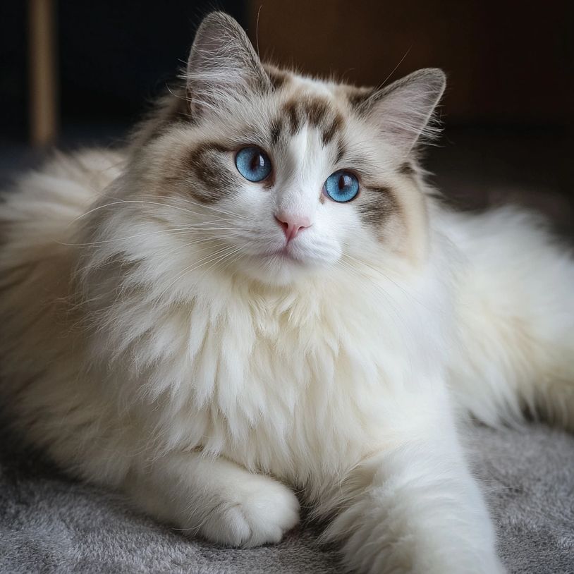 Fluffy cat with striking blue eyes resting comfortably.