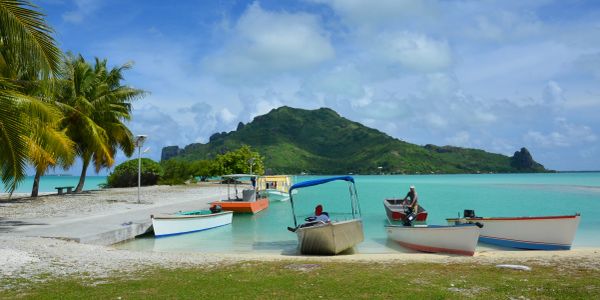 Petits bateaux amarrés près d'une plage tropicale.