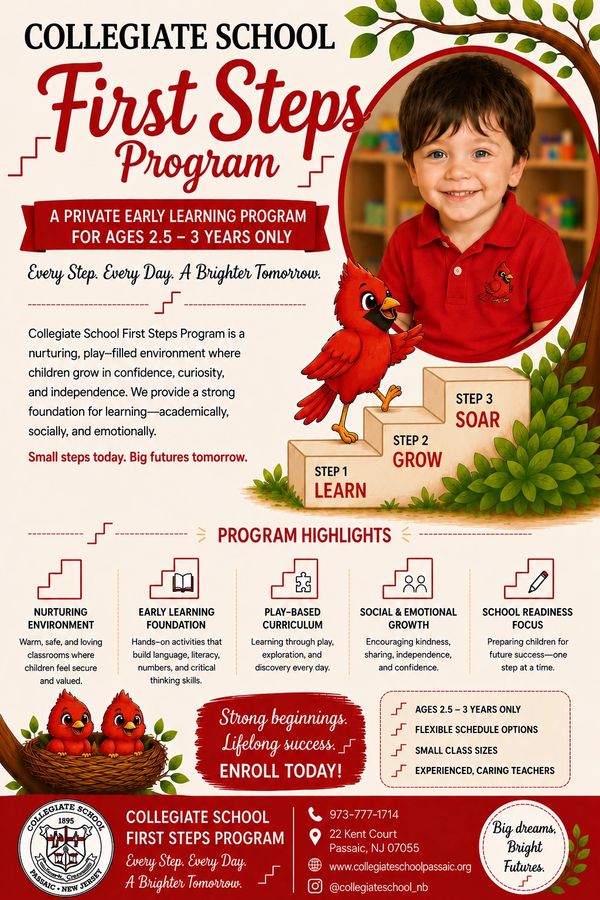 Advertisement for Collegiate School's early learning program for ages 2.5 to 3 years.