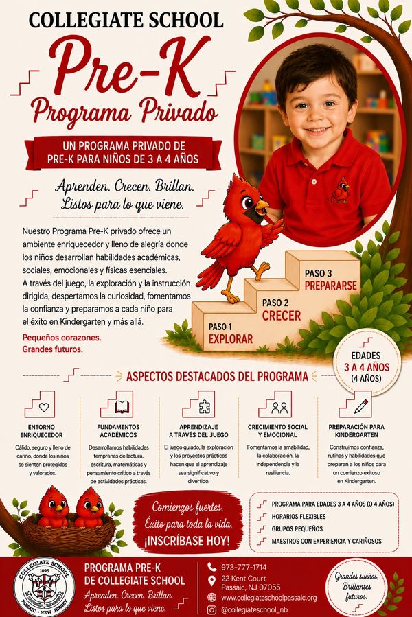 Flyer for Collegiate School's Pre-K private program for children ages 3-4 years.