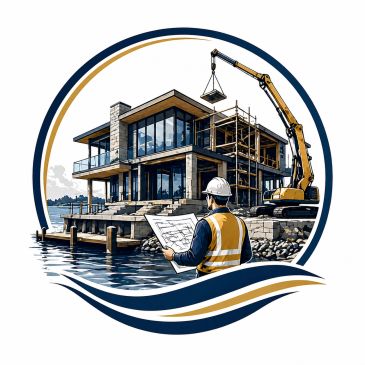 Architect reviewing plans at a waterfront construction site with a crane and modern house.