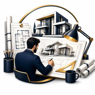 Architect designing a modern house with blueprints and sketches.