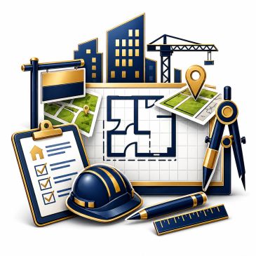 Construction and architectural planning tools with blueprints and cityscape.