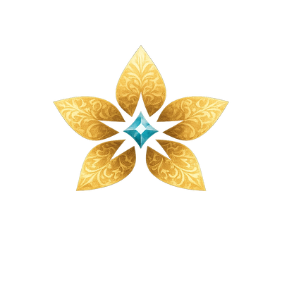 Golden five-petal flower with a blue diamond center on a dark background.