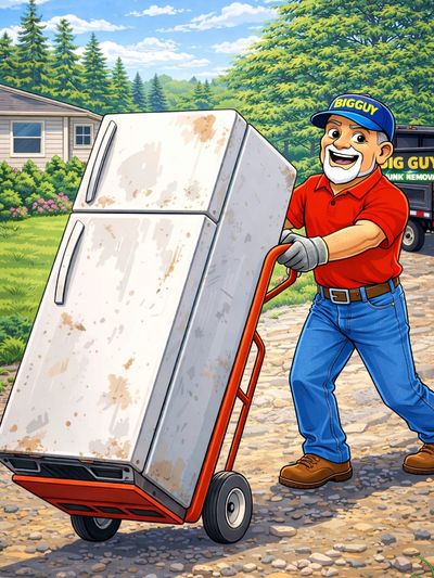 Big Guy Junk Removal removing old refrigerator with dolly in Crestline CA