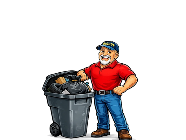 Big Guy Junk Removal mascot standing next to trash can ready for junk pickup.