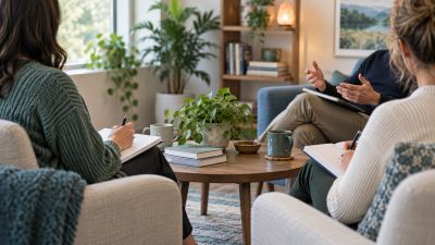 Two people taking notes while listening to a therapist.