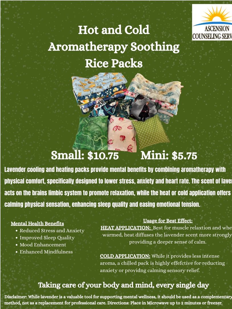 Hot and cold aromatherapy rice packs for mental and physical wellness.