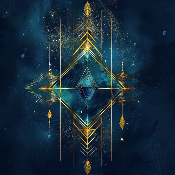A mystical geometric design with golden accents on a deep blue cosmic background.