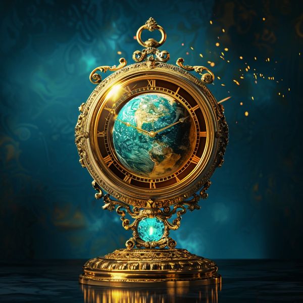Ornate golden clock with Earth as its centerpiece against a blue backdrop.
