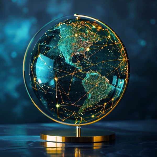 A futuristic illuminated globe with network connections highlighting the Americas.