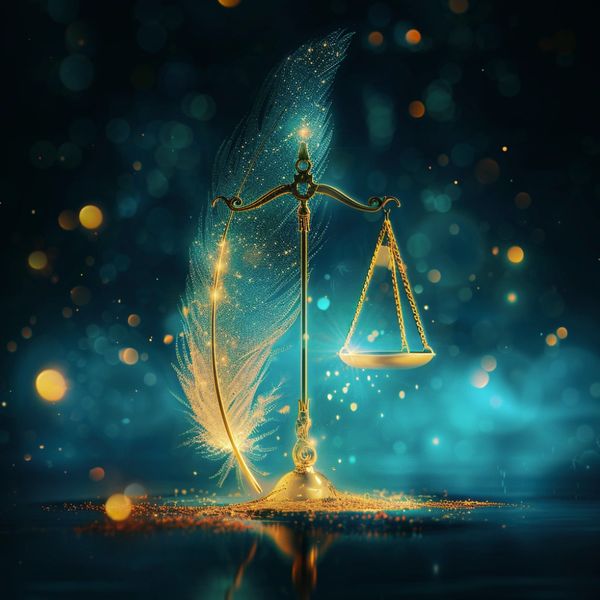 Golden scales of justice with a glowing feather against a mystical blue background.