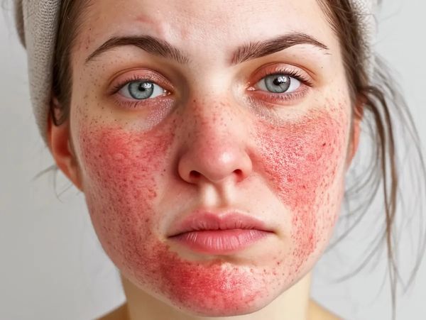 Close-up of a woman with red, irritated skin on her cheeks and chin.