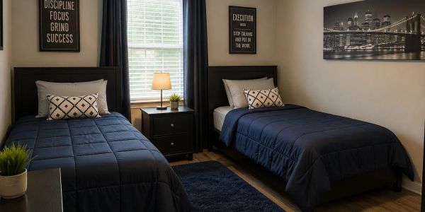 Bedroom with two twin beds and dark blue bedding.